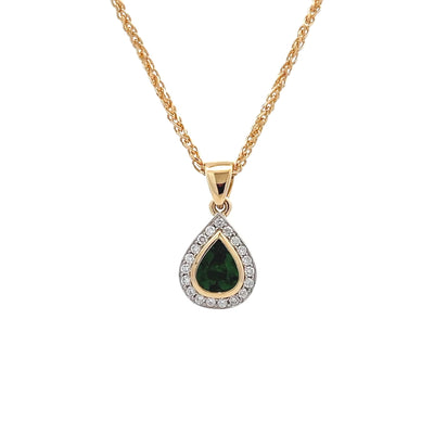 Aurelia: Emerald and Diamond Halo Drop Pendant in Platinum and Yellow Gold | 1.08ctw