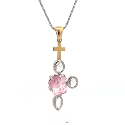 Morganite and Diamond Drop Cross Pendant in Yellow Gold and Platinum | 6.14ctw