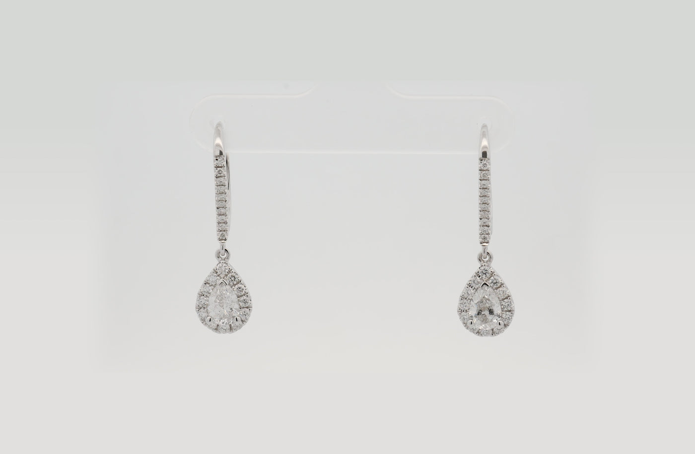 Pear Cut Diamond Halo Leverback Earrings White Gold | 1.48ctw