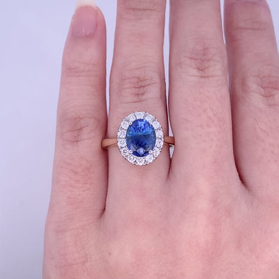 Midnight Bloom: Sapphire & Diamond Halo Ring in Yellow Gold | 2.55ct