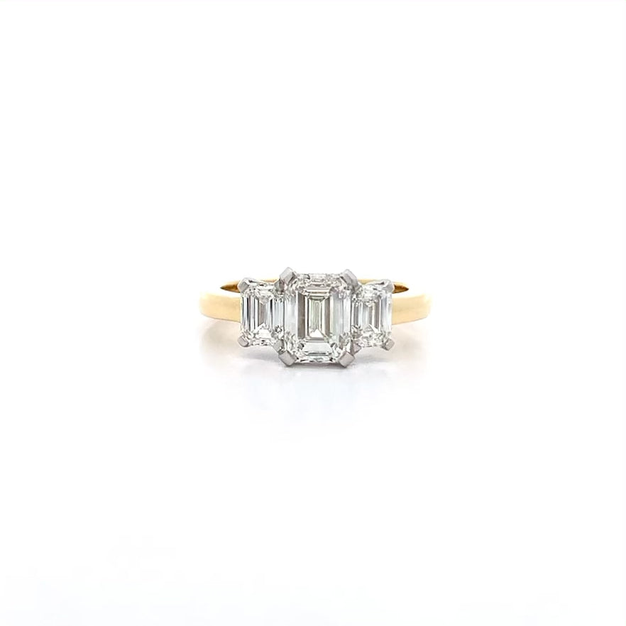 Emerald Cut Diamond Three Stone Ring in Yellow Gold | 2.51ctw