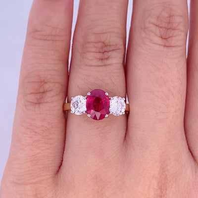Enchant: Ruby and Diamond Three Stone Ring in Yellow Gold | 2.59ctw