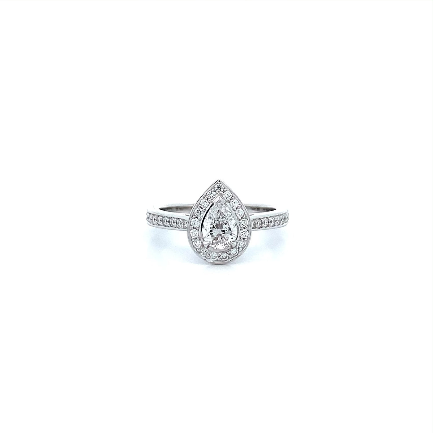 Pear Cut Diamond Halo Ring with Diamond Shoulders in Platinum
