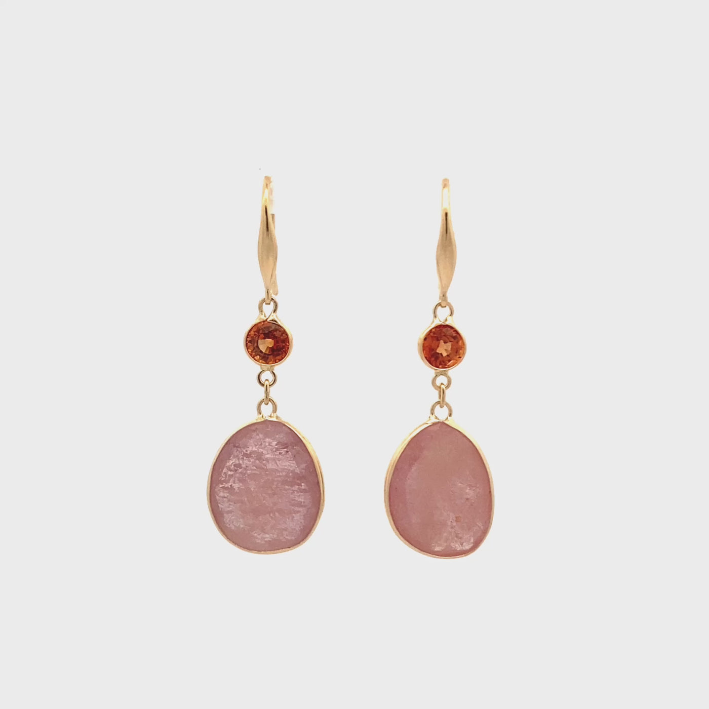 Pink and Orange Two Stone Sapphire Drop Earrings in Yellow Gold
