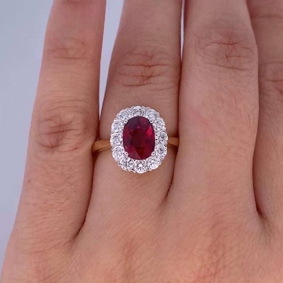 Ruby and Diamond Halo Ring in Yellow Gold | 2.72ctw