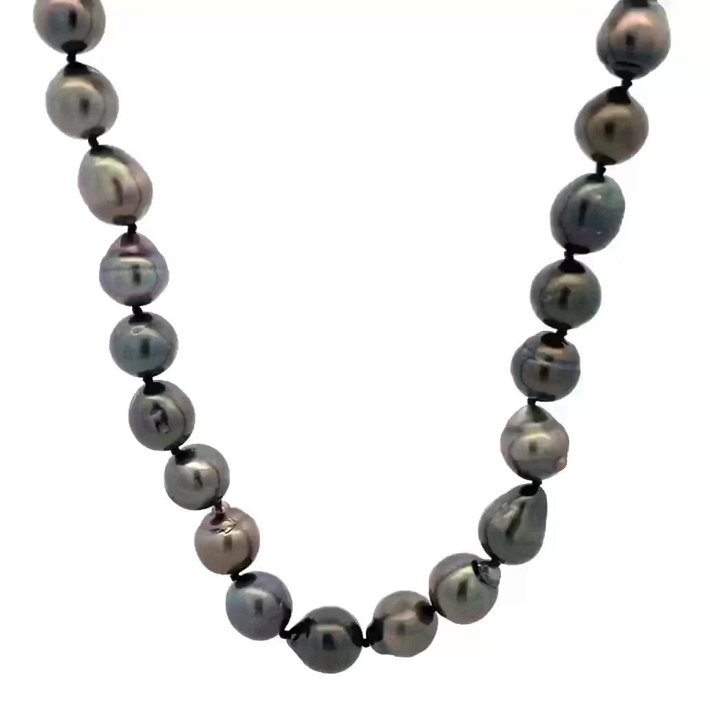 Black Baroque Pearl Strand Necklace in Yellow Gold