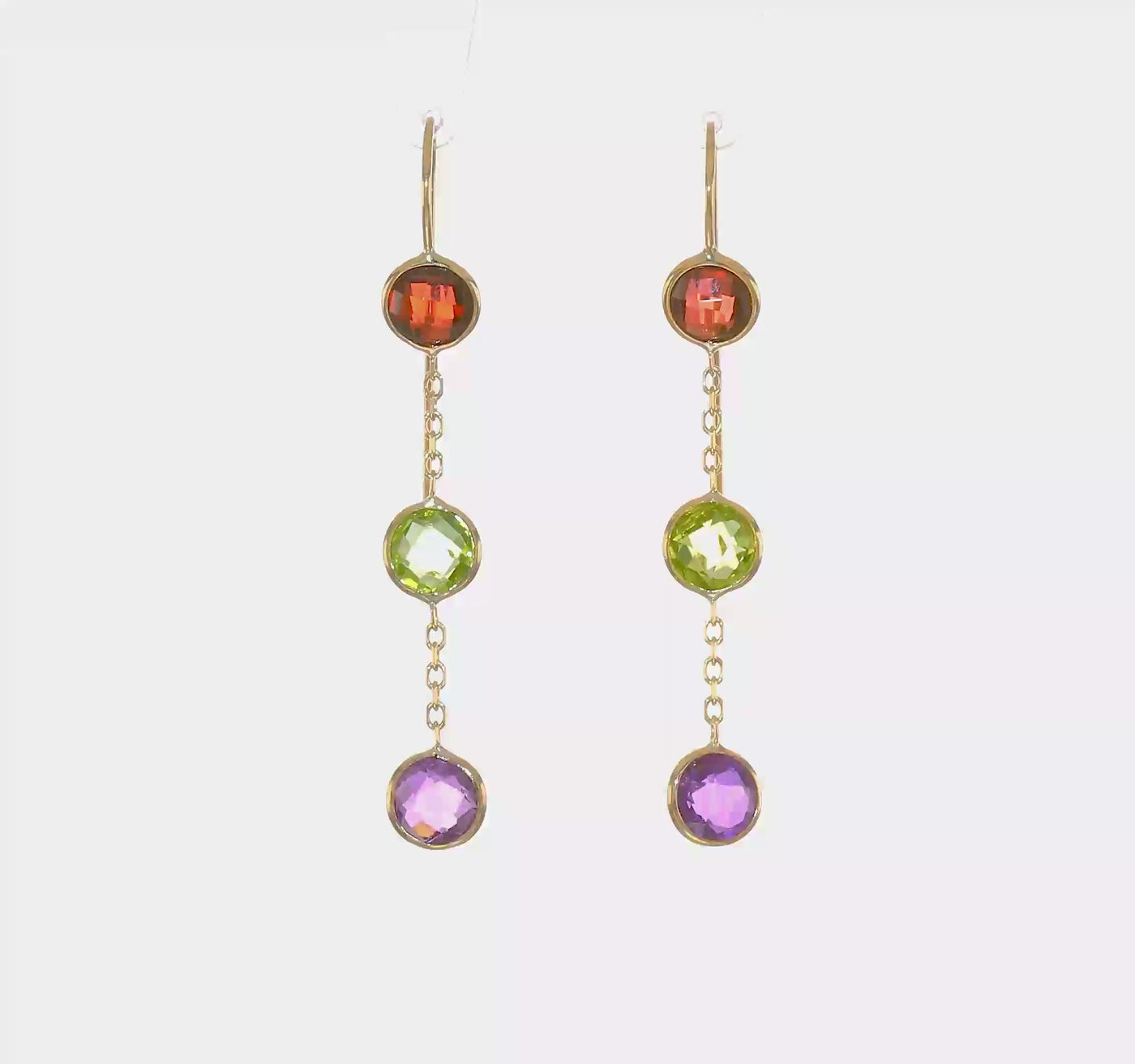 Triple Drop Garnet, Peridot and Amethyst Drop Earrings in Yellow Gold