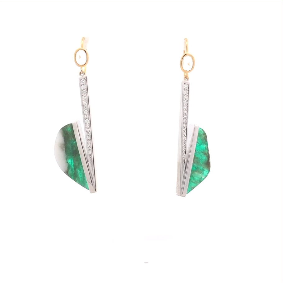 Emerald and Diamond Deco Drop Earrings in Yellow Gold