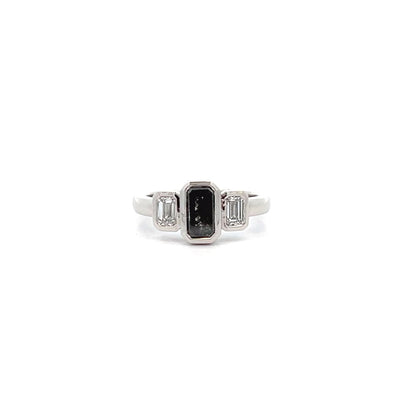 Natural emerald cut salt and pepper diamond and emerald cut diamond three stone ring in platinum