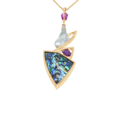 Tāne: Paua, Pearl & Sapphire Pendant in Yellow Gold