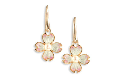 Dogwood Flower Enamel Drop Earrings with Akoya Pearl in Rose Gold
