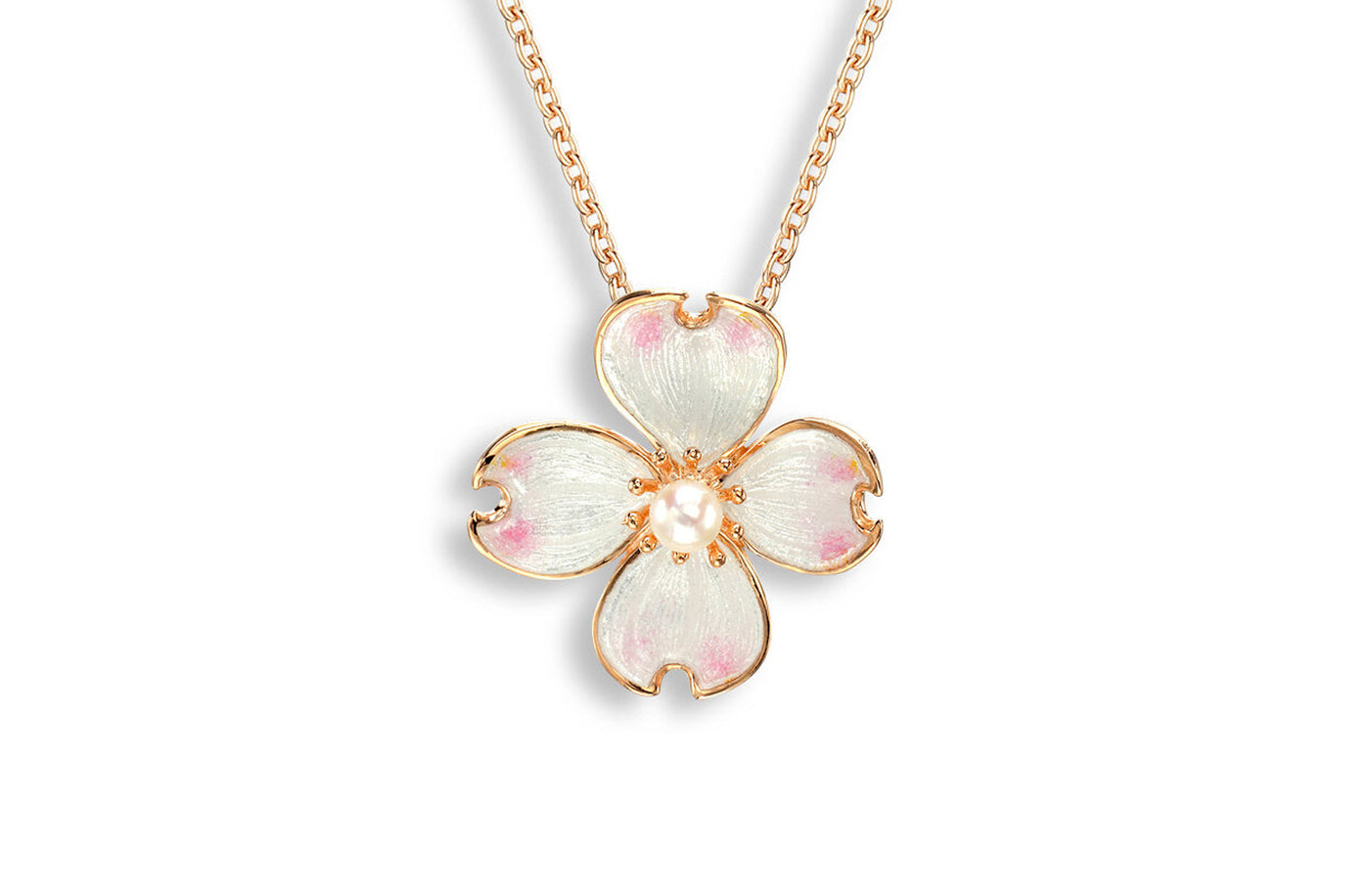 Dogwood Flower Enamel Necklace with Akoya Pearl in Rose Gold