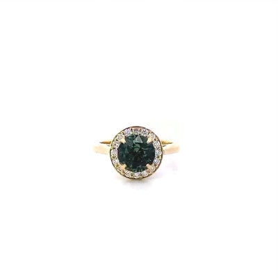 Teal Sapphire & Diamond Halo Ring in Yellow Gold | 2.65ct