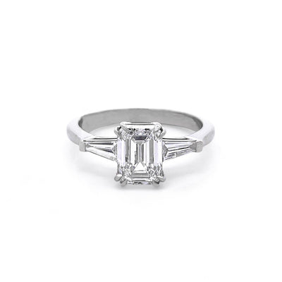 Emerald Cut & Tapered Baguette Diamond Three Stone Ring in Platinum | 1.73ctw