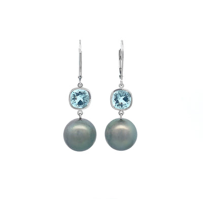 Aquamarine and Tahitian Pearl Drop Earrings in Platinum