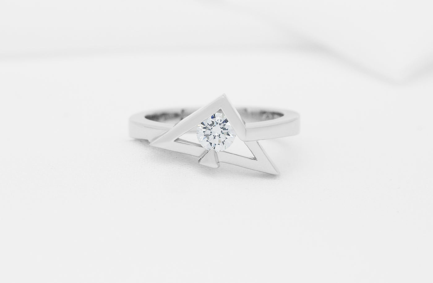 Inspired Collection, engagement Ring, 18ct, 18k, white gold, platinum, jewellery, jewelry, round diamond, tension, claw set, brilliant diamond, round cut, ring design, escher, triangle, ready to ship, ready to go, 0.38ct, G colour, color, VVS2 grade, clarity
