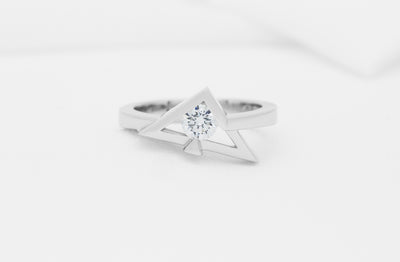 Inspired Collection, engagement Ring, 18ct, 18k, white gold, platinum, jewellery, jewelry, round diamond, tension, claw set, brilliant diamond, round cut, ring design, escher, triangle, ready to ship, ready to go, 0.38ct, G colour, color, VVS2 grade, clarity