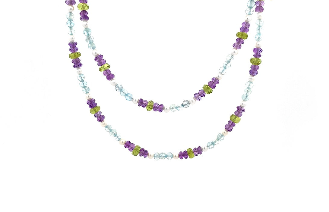 Aquamarine, Freshwater Pearl, Peridot and Amethyst Strand Necklace