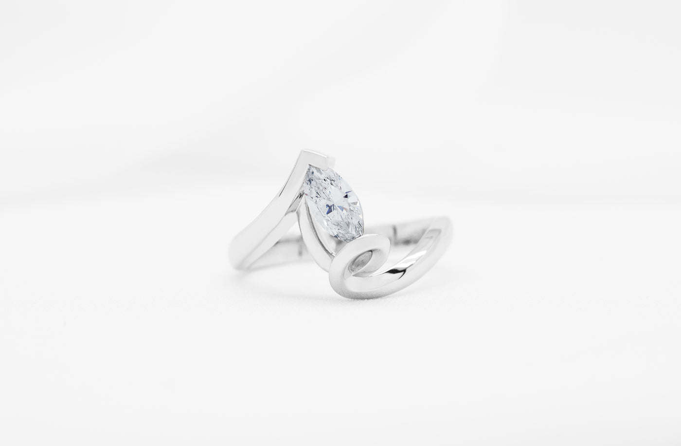 Inspired Collection, Diamond Ring, Jewellery, Jewelry, ring design, contemporary, modern, specialist, Platinum, 18k, 18ct, white gold, marquise cut diamond, spiral, flow, twist, ready to ship, ready to go, 0.51ct, G colour, color, VS1 clarity