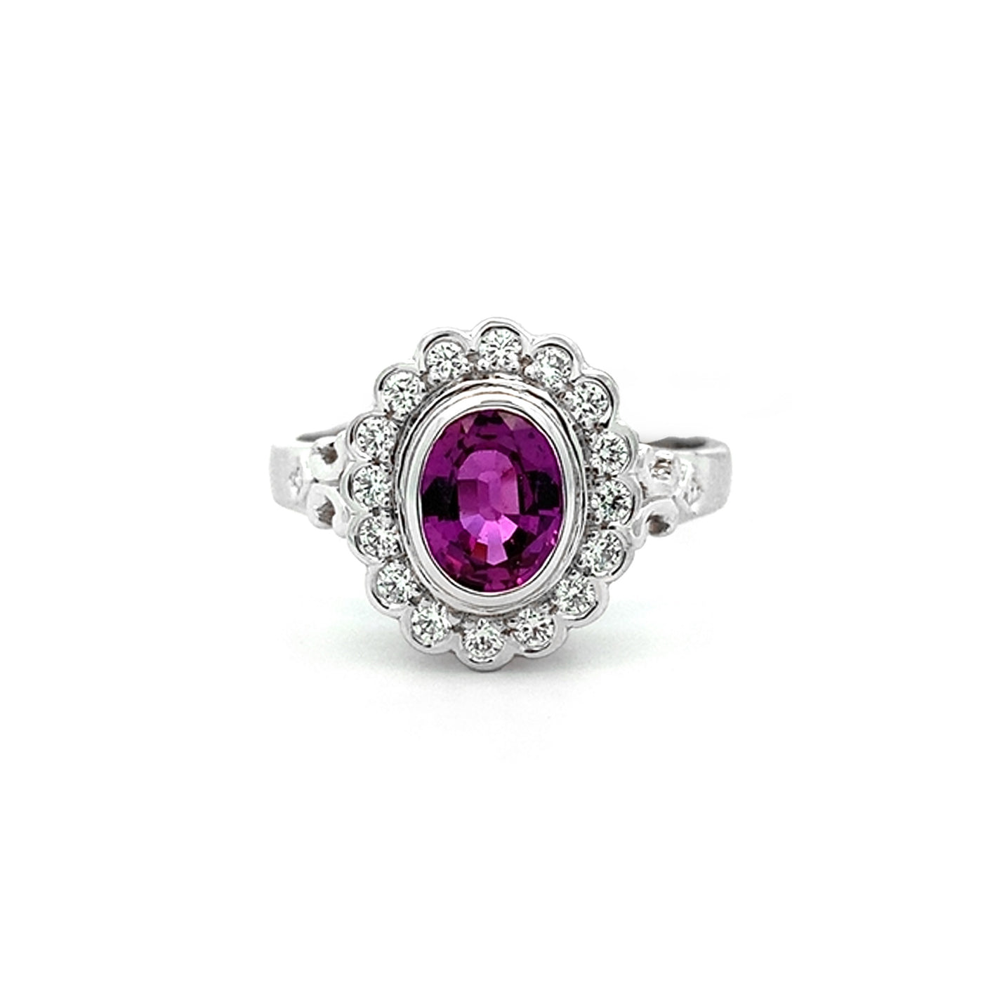 Camellia: Pink Sapphire and Diamond Halo Ring in White Gold