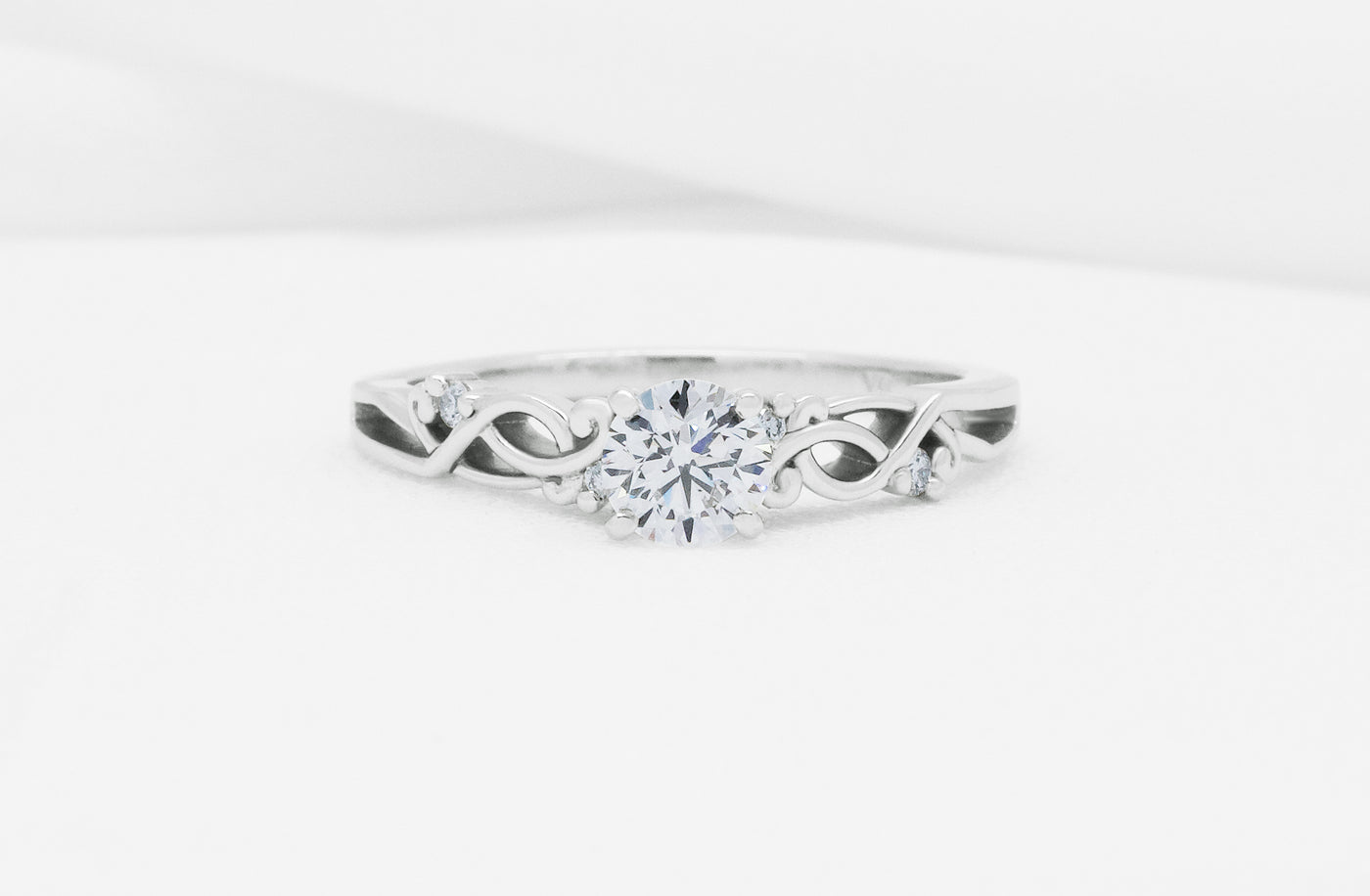 Narrative Collection, Maori, Polynesian, Celtic, diamond engagement ring, ring design, specialist, jewelry, jewellery, diamond, carat, carats, engagement ring, solitaire engagement ring, round cut, brilliant cut, diamond band, 18k, 18ct white gold, platinum, platinum setting, Traces , ready to ship, ready to go, 0.50ct, G, D colour, color, SI1 clarity
