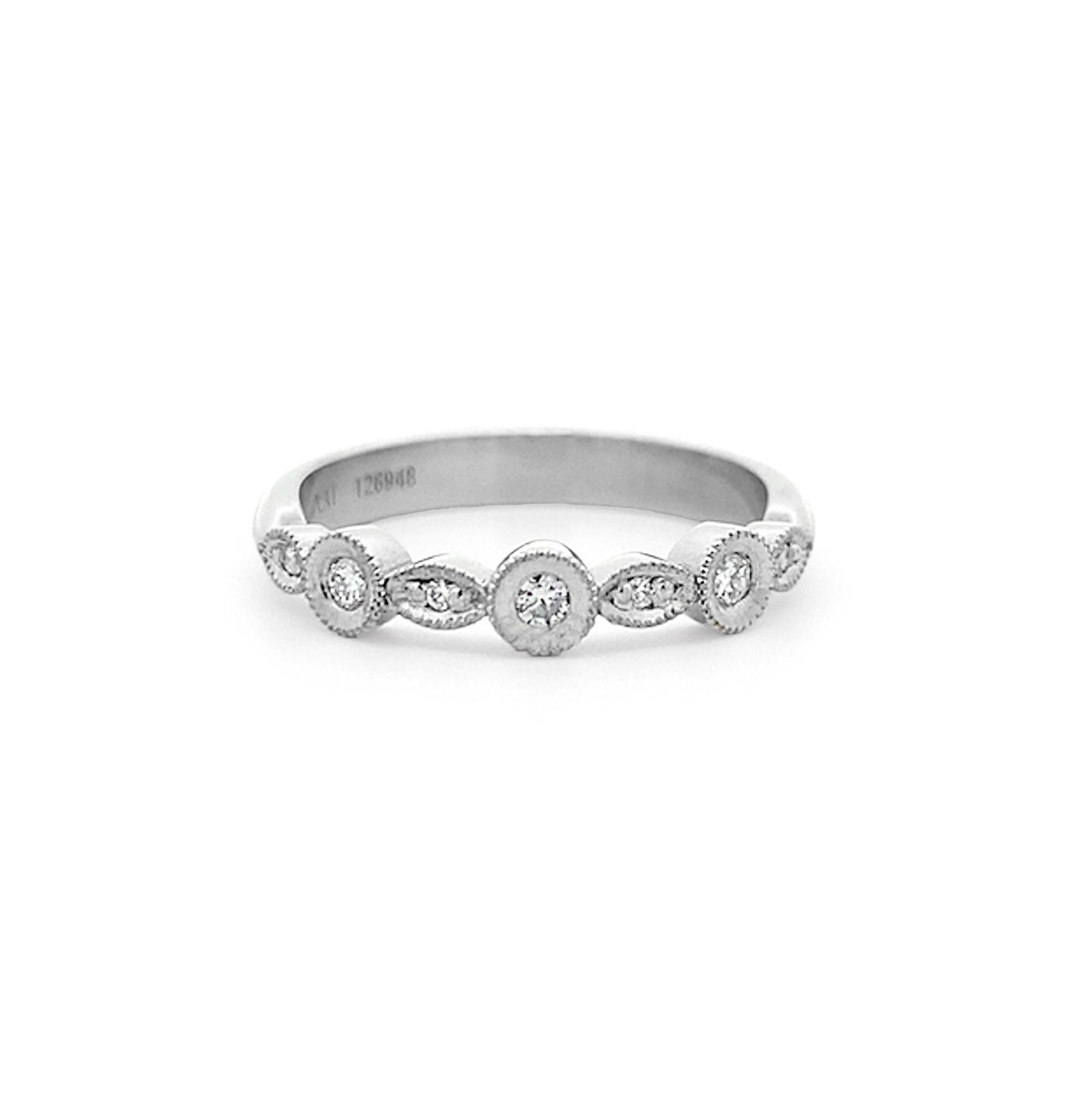 Modified Leaf and Circle Diamond Set Ring with Milgrain Edge in Platinum | 0.12ctw