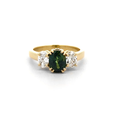 Makem: Green Sapphire & Diamond Three Stone Ring