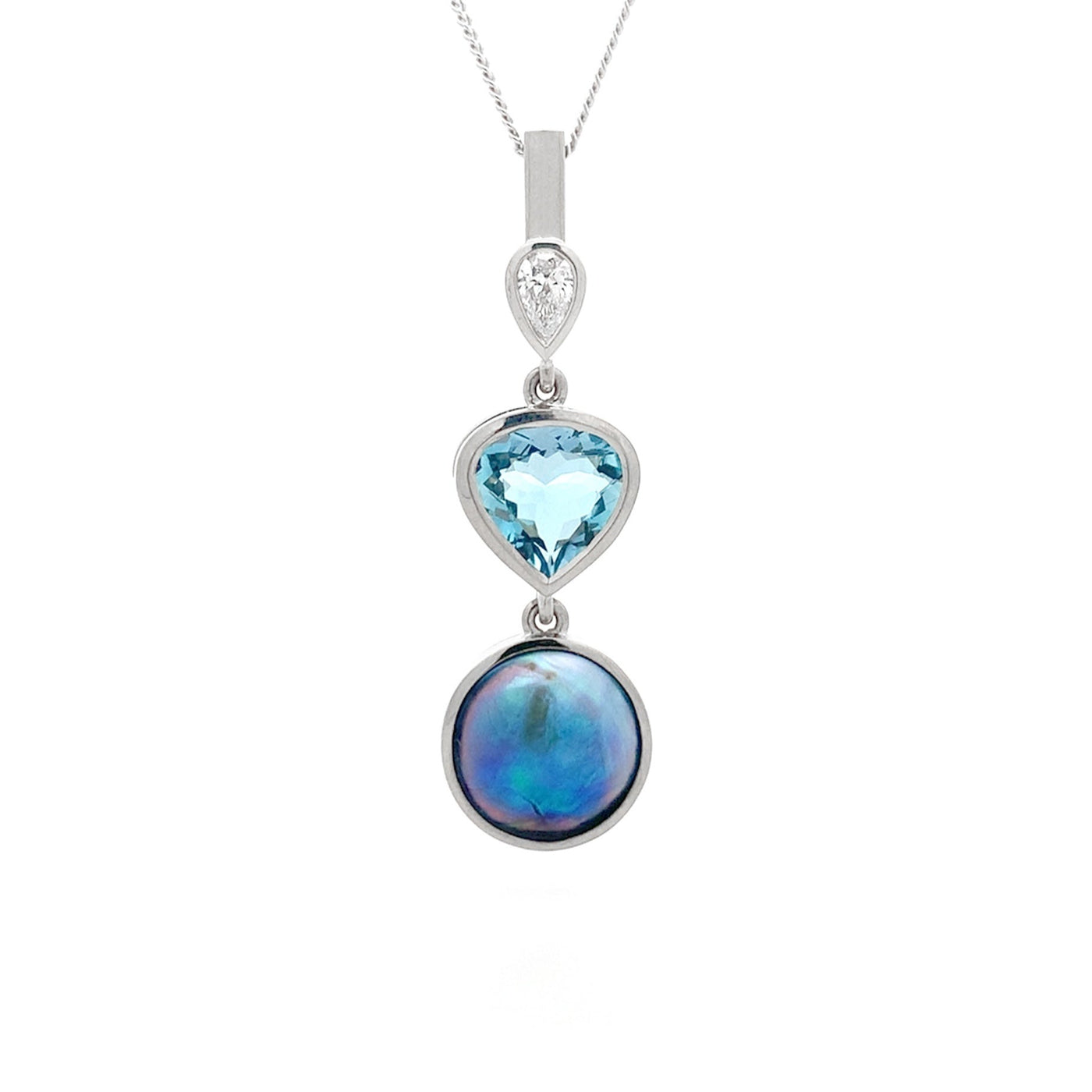 Diamond, Aquamarine & Paua Pearl Drop Pendant in White Gold