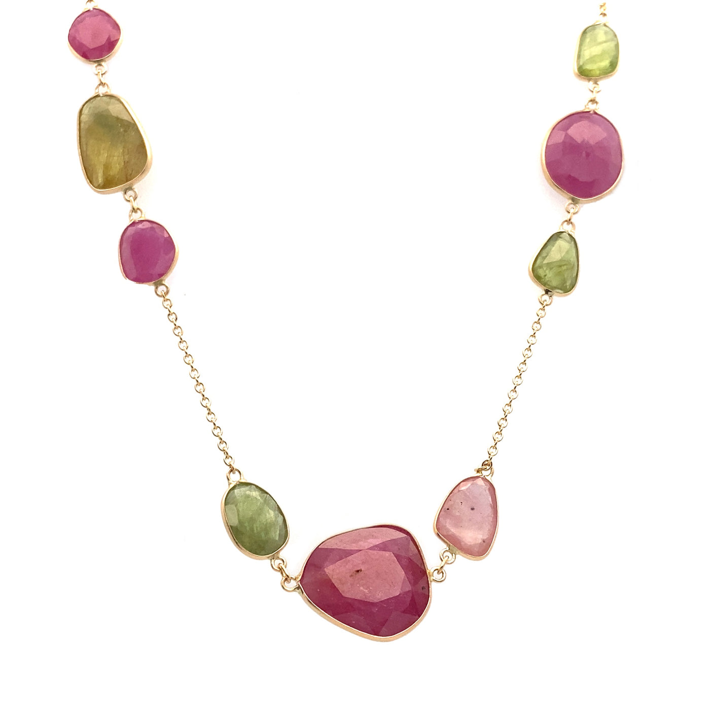 Pink & Green Sapphire Polki Necklace in Yellow Gold | 78.00ctw