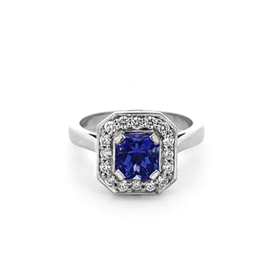 Tanzanite and Diamond Halo Ring in Platinum | 1.40ct