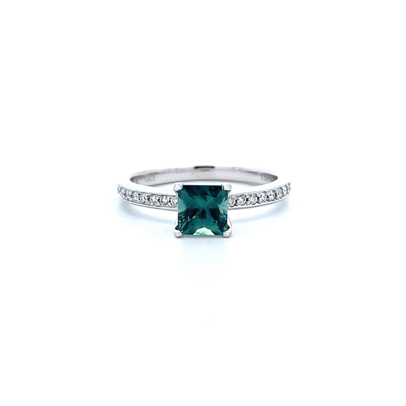 Princess Cut Teal Sapphire Solitaire Ring in White Gold | 0.79ct