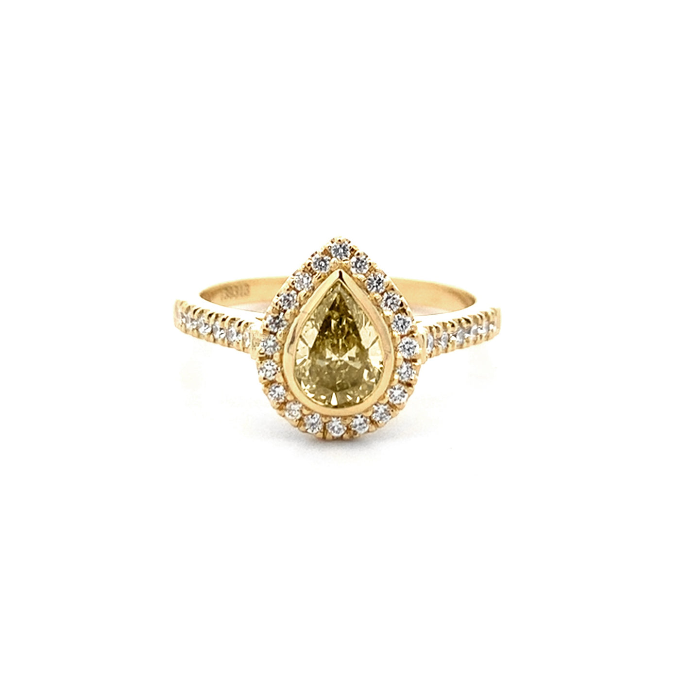 Yellow-Green Pear Cut Diamond Halo Ring in Yellow Gold