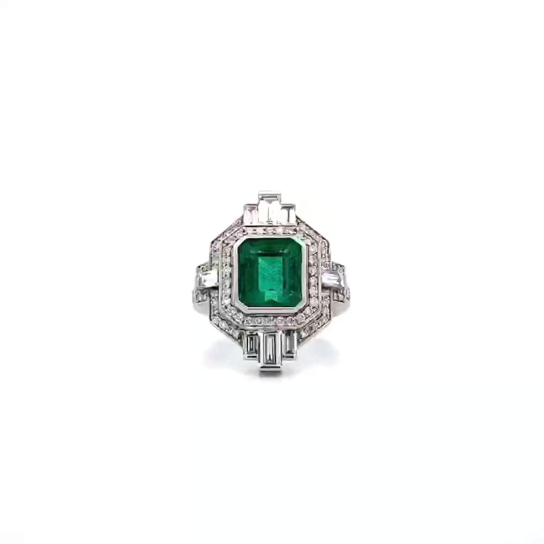 Lady Liberty: Emerald & Diamond Halo Ring in Platinum | 3.87ct