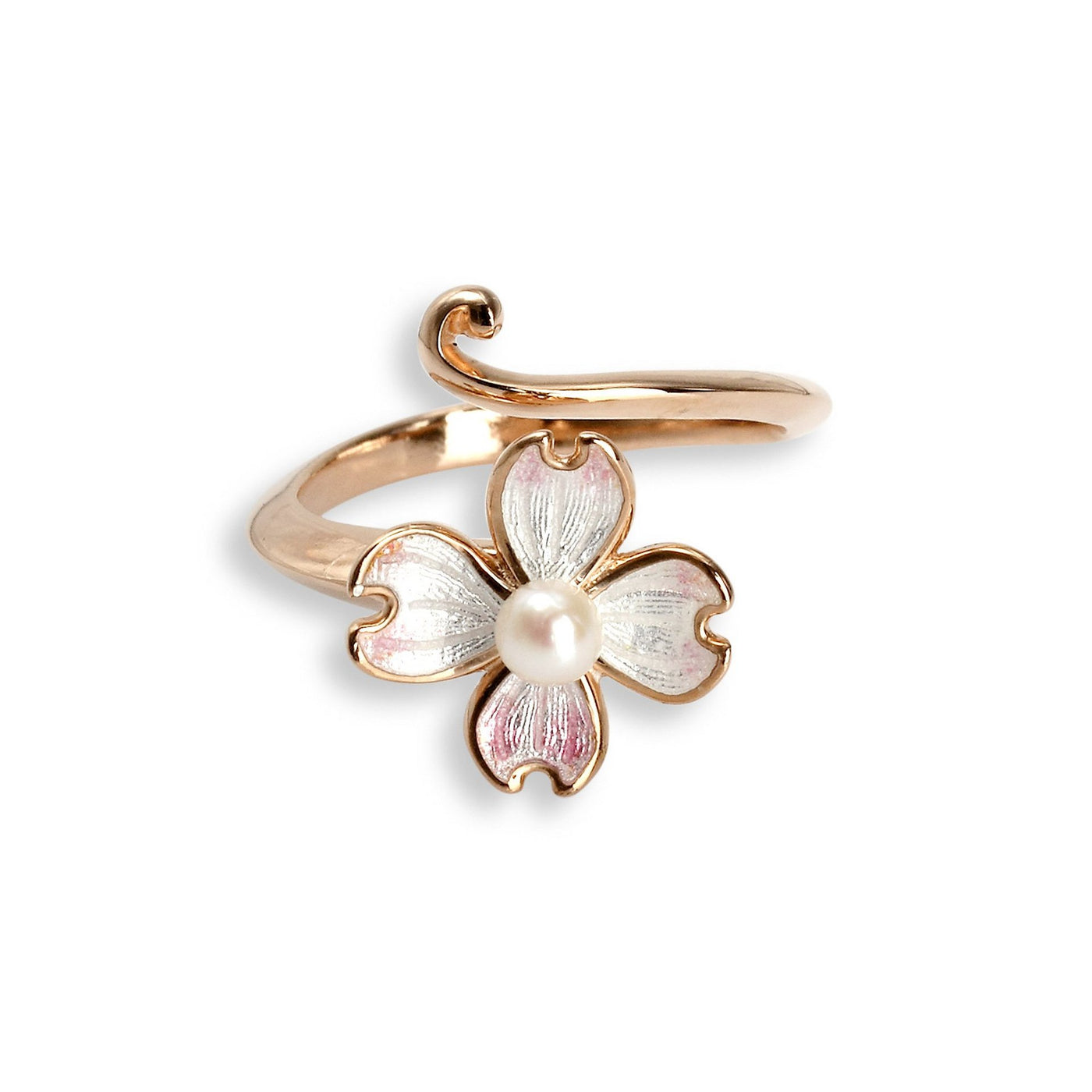 Dogwood Flower Enamel Ring with Akoya Pearl in Rose Gold