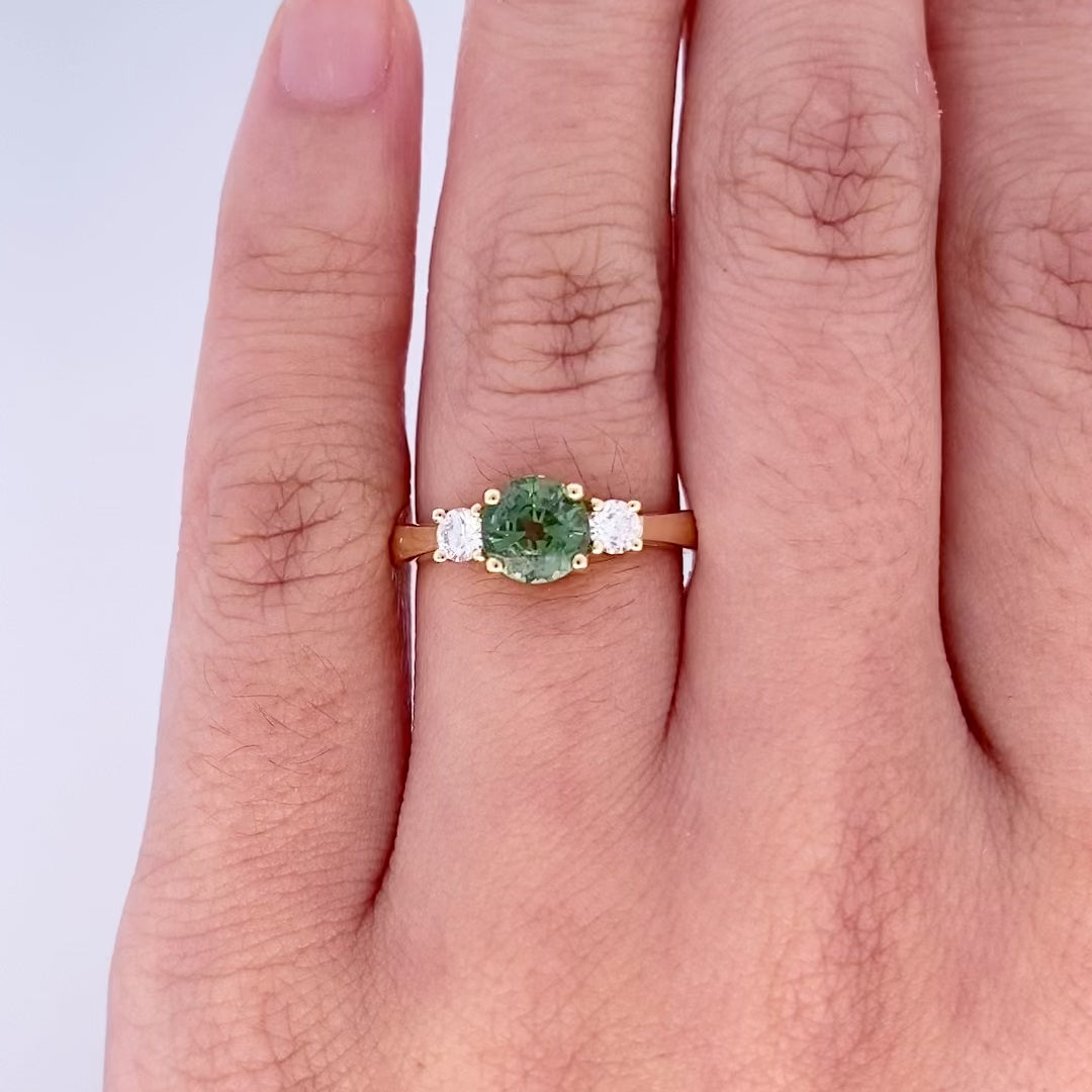 Green Sapphire and Diamond Three Stone Ring in Yellow Gold | 1.36ct