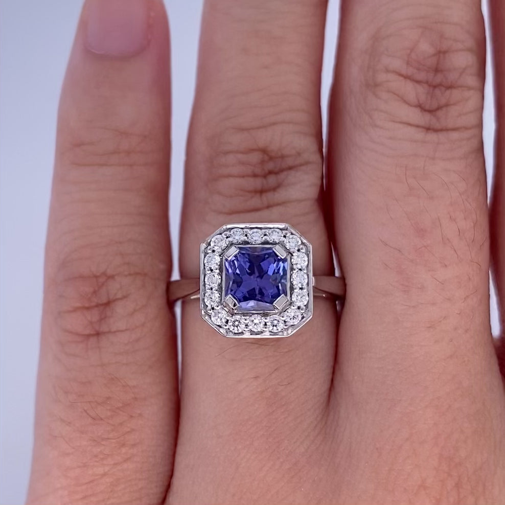 Indigo: Tanzanite and Diamond Halo Ring in Platinum | 1.40ct