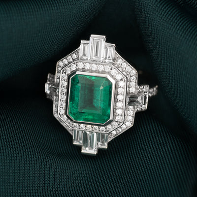 Lady Liberty: Emerald & Diamond Halo Ring in Platinum | 3.87ct