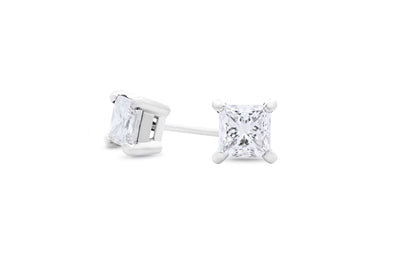 Classic Princess Cut Diamond Claw Set Stud Earrings in 14ct white gold