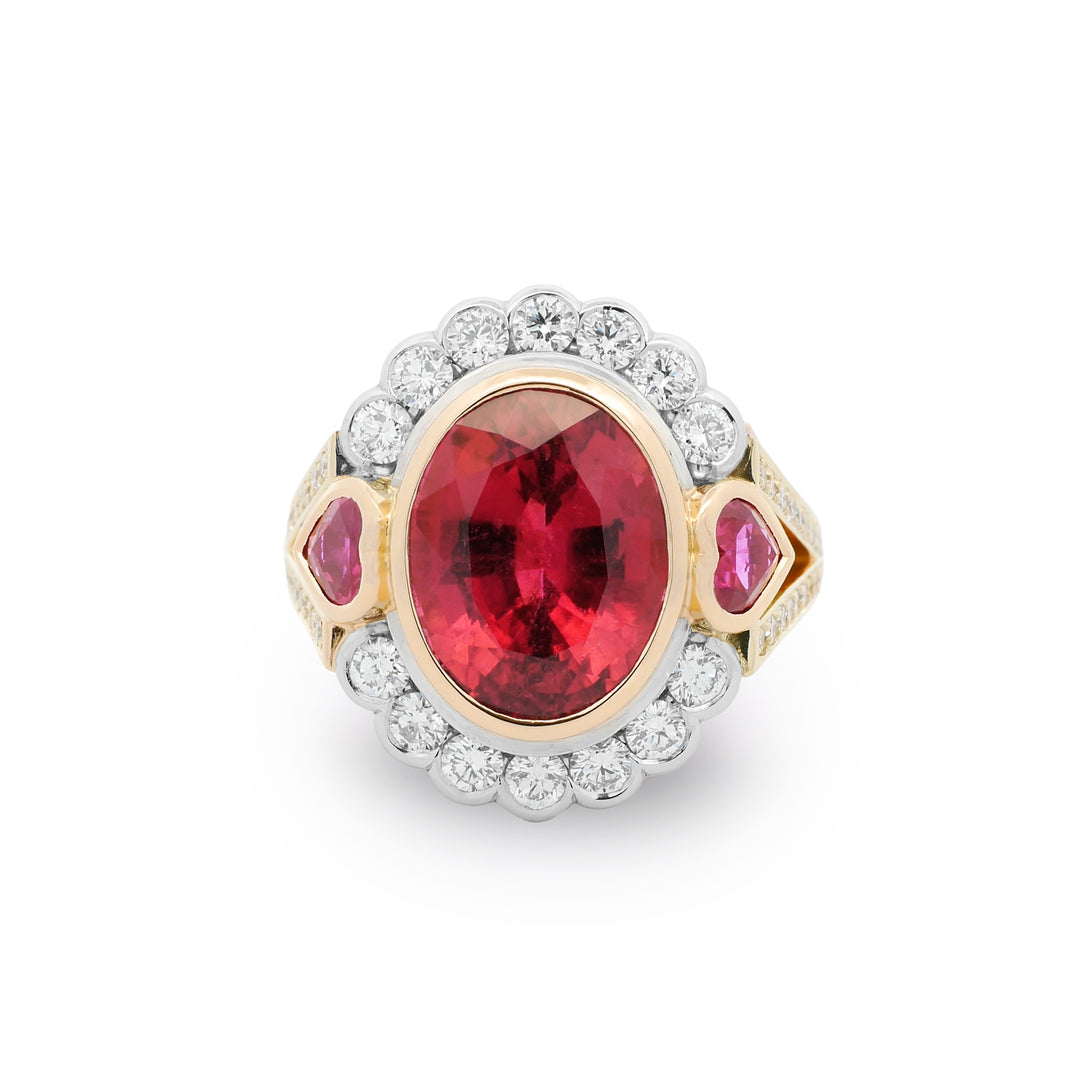 Queen of Hearts: Rubellite Halo Ring in Yellow Gold