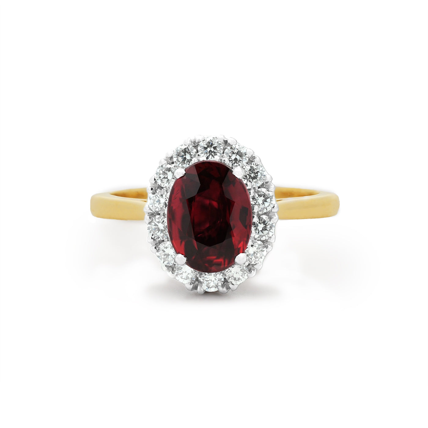 Ruby and Diamond Halo Ring in Yellow Gold | 1.98ct