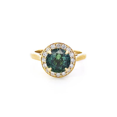 Teal Sapphire & Diamond Halo Ring in Yellow Gold | 2.65ct