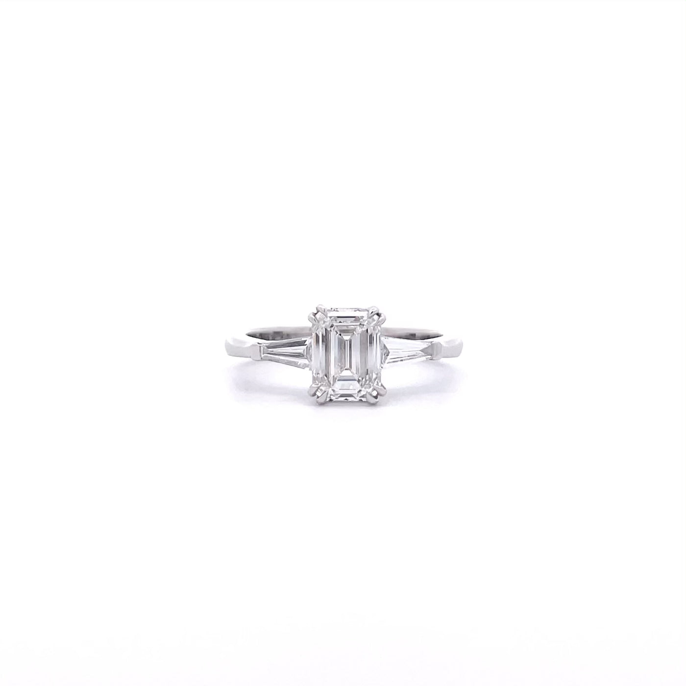 Emerald Cut & Tapered Baguette Diamond Three Stone Ring in Platinum | 1.73ctw