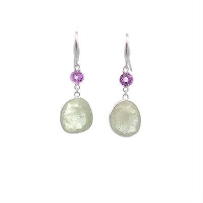 Pink and White Two Stone Sapphire Drop Earrings in White Gold