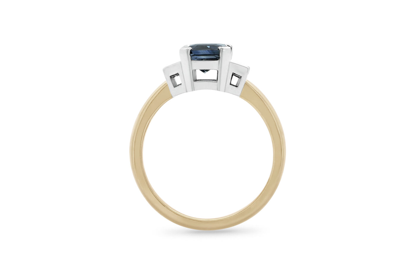 Nila: Blue Sapphire and Trapezoid Diamond Three Stone Ring