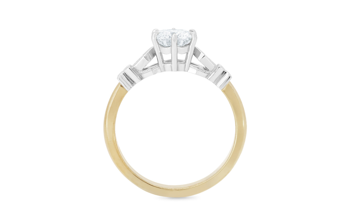 celtic inspired, diamond solitaire engagement ring, 18k, 18ct yellow gold, platinum setting, jewellery, jewelry, narrative collection, ring design, specialist, millgrain edge, deco style shoulders  