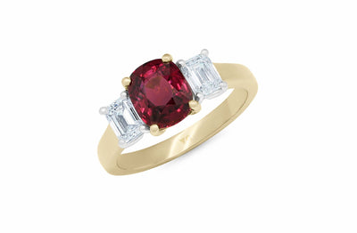 Vermilion: Cushion Cut Ruby and Emerald Cut Diamond Three Stone Ring