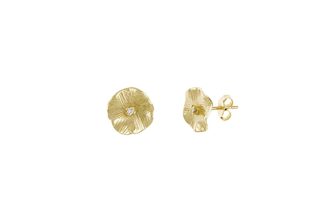 Textured Flower Diamond Set Stud Earrings in Yellow Gold | 0.03ctw