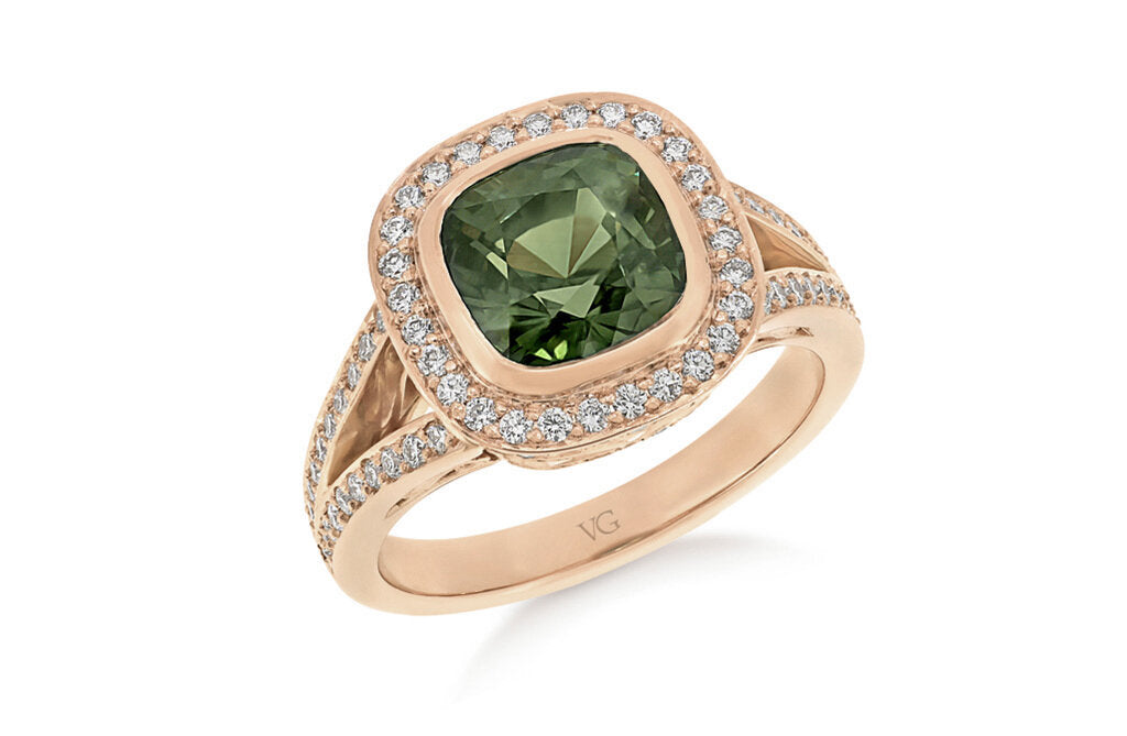 Green Sapphire and Diamond Rose Gold Cluster Ring