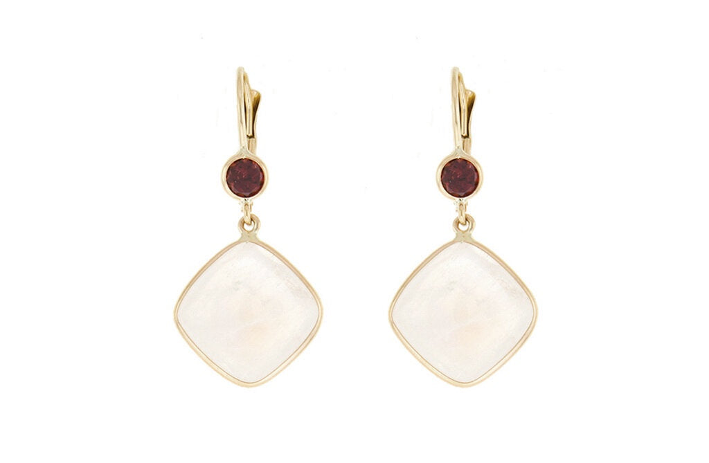 Moonstone and Garnet Drop Earrings in Yellow Gold