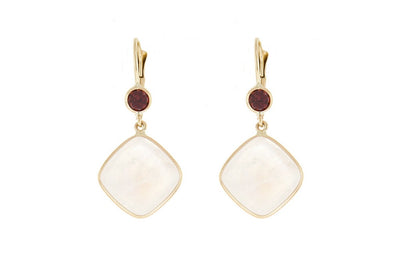 Moonstone and Garnet Drop Earrings in Yellow Gold